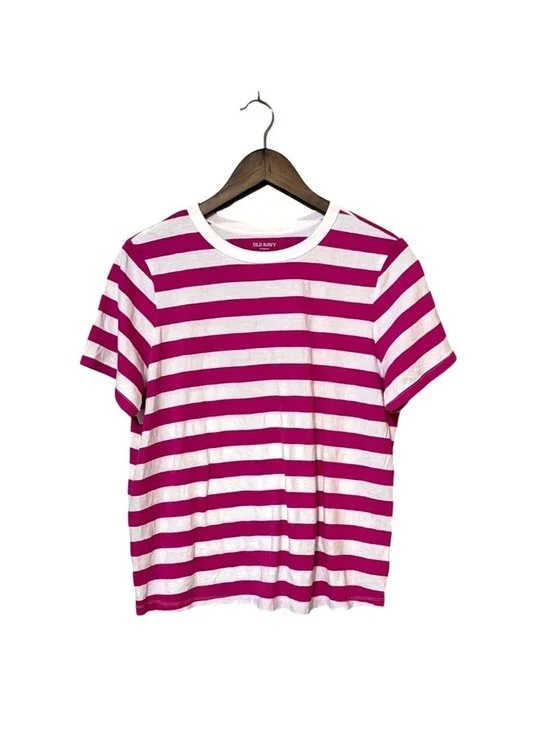 Old Navy Womens Pink & White T-Shirt Large Cotton Y2K Summer Casual Bold Relaxed - Picture 1 of 6